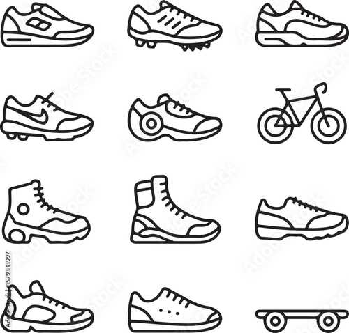 Collection of Athletic Shoe and Bicycle Icons Line Art Designs for Sports and Fitness