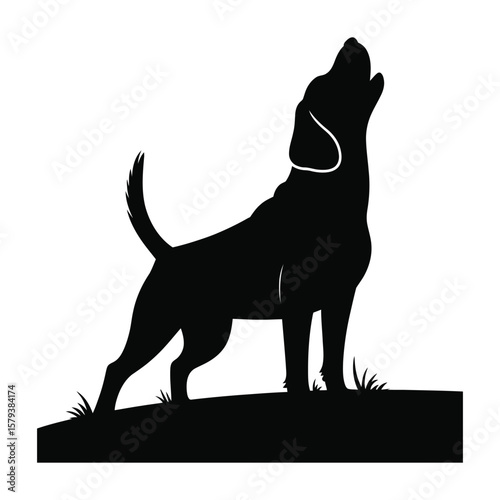 Vector illustration of howling beagle silhouette with raised snout and upright stance on white background