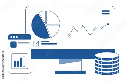 Financial growth concept with business charts and graphs on screen, table, and white background