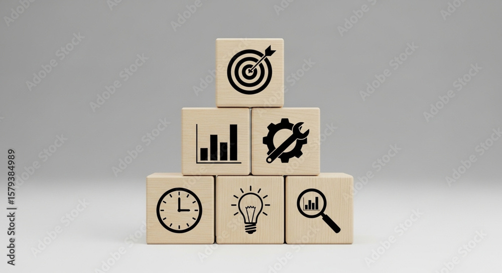 Wood Block with Icon, Business Strategy and Action Plan, Copy Space. Wood Block with Icon, Business Strategy and Action Plan, Copy Space.