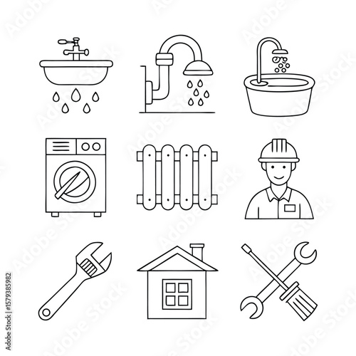 Modern Plumbing Tools and Fixtures Icon Pack | Thin Line Vector Icons of Bathroom Fixtures, Piping, and Repair Equipment for Home Services and Maintenance