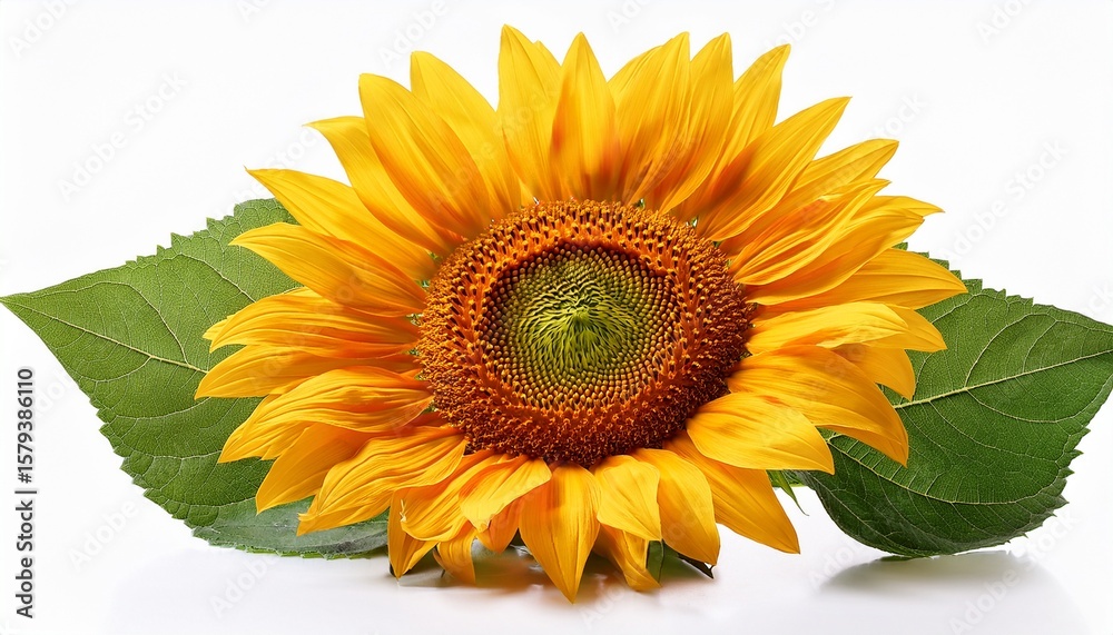 Obraz premium bright sunflower with green leaves isolated on white background