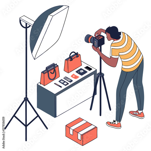 A photographer is capturing product images of handbags and accessories on a table with a softbox light and tripod setup for an online store