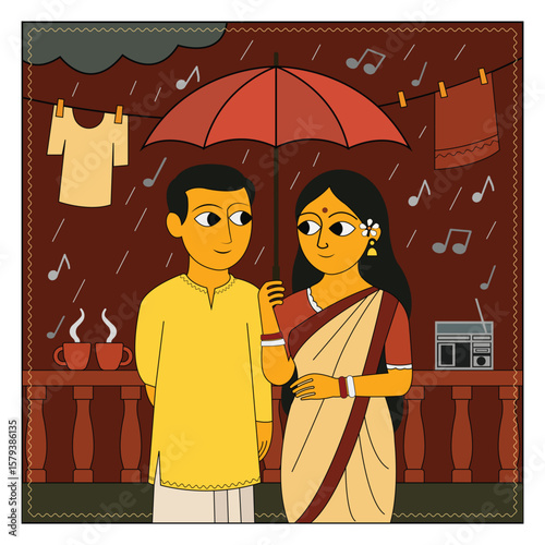 Bengali couple love in Rainy day