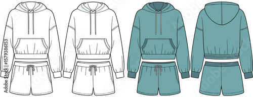  Trendy Women's Loungewear Set Flat Sketch: Stylish Cropped Hoodie and Shorts, Perfect for Casual Comfort, Relaxed Everyday Wear, and Modern Leisure Apparel.