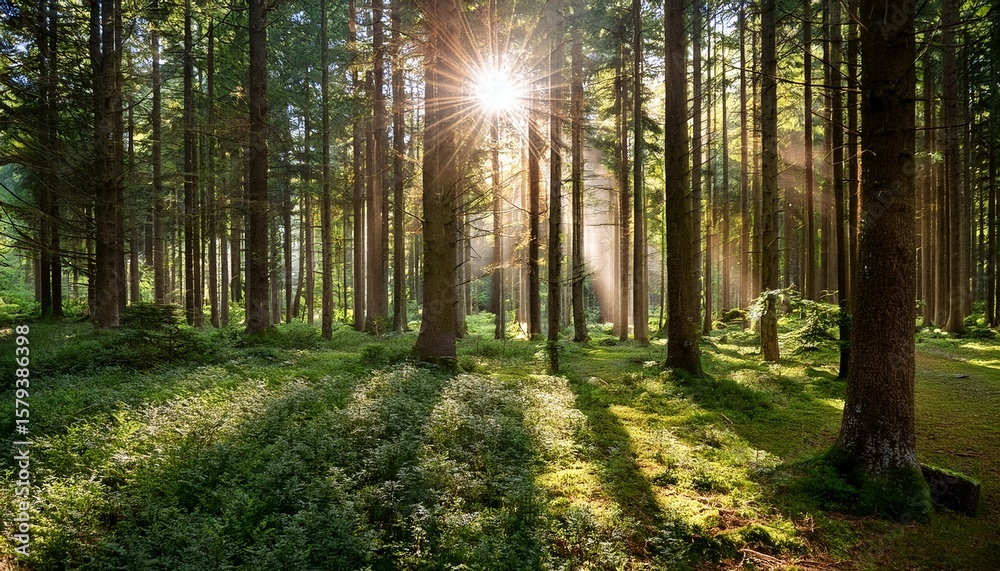 Naklejka premium sunlight filtering through tall trees in a tranquil forest at sunrise