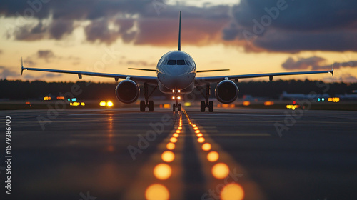 Tarmac lines and taxiway edge light in foreground, plane piloted by female captain in background