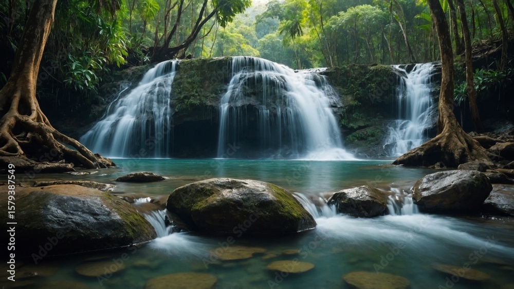 Fototapeta premium Scenic waterfall in Thailand tropical forest. Beautiful nature loopable seamless