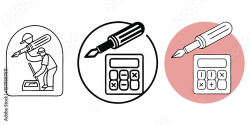 Calculator and pen icons writing technology