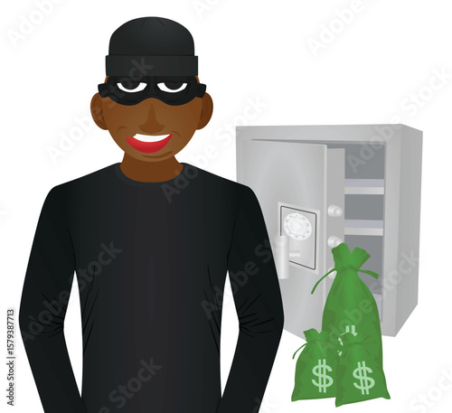 Thief and open safe box. vector	
