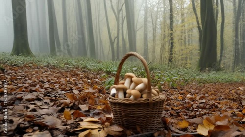Autumnal Bounty: A Basket of Freshly Foraged Mushrooms in a Misty Forest Setting