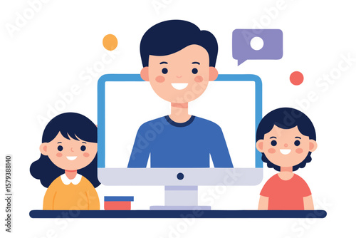 Teacher and students engaged in online learning and communication via computer