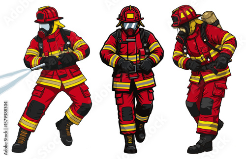 Three firefighters in red protective gear, helmets, and masks, showcasing different roles: one with a hose, one standing, and one with a breathing apparatus