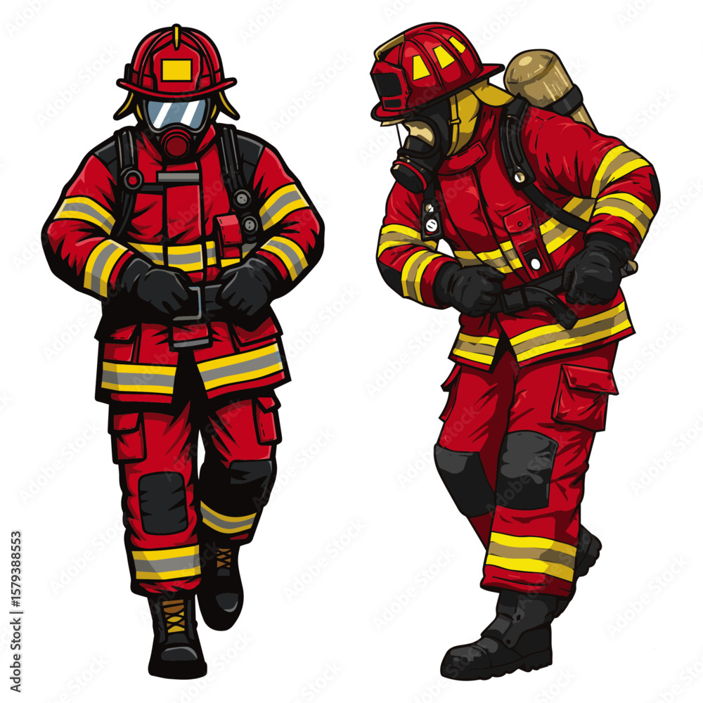 Obraz premium Two brave firefighters in full red protective gear, helmets, and masks, stand ready for action, one adjusting gear, the other in a dynamic pose