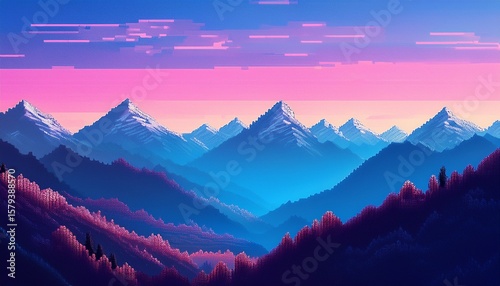 tranquil mountain range landscape pixelated blue and purple mountains under a pastel sky pixel art