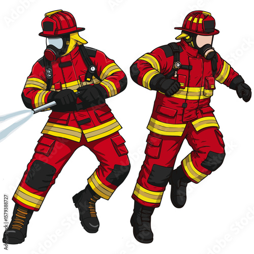 A pair of dynamic firefighters in their complete red protective uniforms, helmets, and masks, one operating a fire hose while the other moves quickly