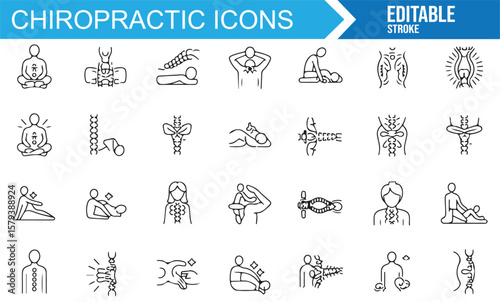 Set of chiropractic icons for spinal care, therapy, and wellness.