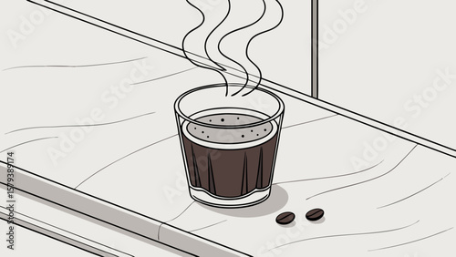 Freshly brewed coffee in glass cup with steam and coffee beans on table illustration style image