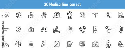 Collection of thirty medical line icons representing various healthcare related concepts such as ambulance hospital doctor appointment and online medical services vector illustration