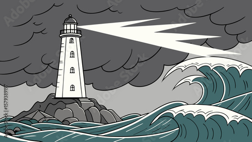 Lighthouse illustration stormy sea ocean waves beacon light maritime navigation coastal safety guidance drawing