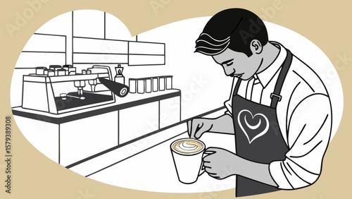 Barista making latte art in coffee shop preparing espresso drink for customer at cafe counter is shown