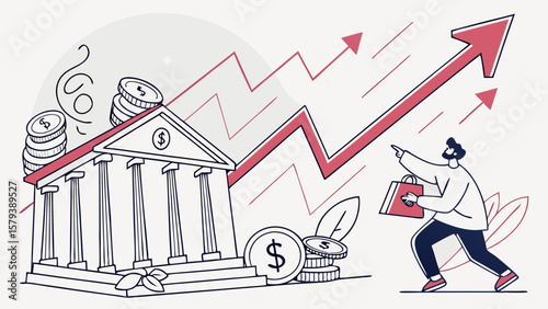 Investment growth and financial success concept with rising arrow and bank building illustration