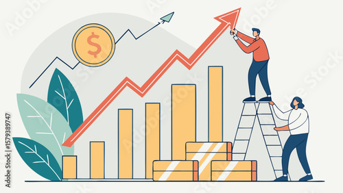 Business growth chart with arrow and people climbing ladder for financial success and investment strategy