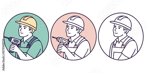 Construction workers with tools drill hard hat