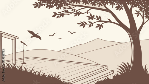 Outdoor stage with microphone under tree and birds flying in nature landscape vector illustration