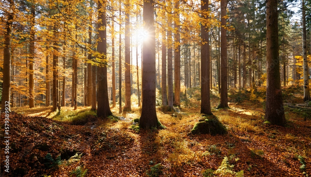 Fototapeta premium tranquil forest scene with tall trees golden leaves and soft sunlight filtering through the branches