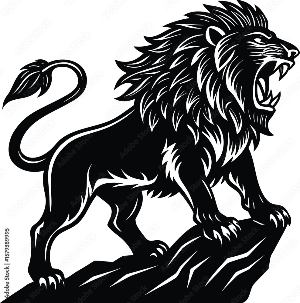 Fototapeta premium Majestic Roaring Lion Silhouette Standing Proudly on Rocky Cliff