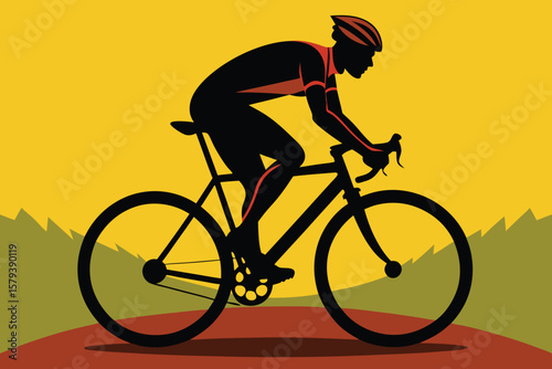 Black silhouette of a man riding a vintage sport bicycle, isolated for a retro cycling illustration