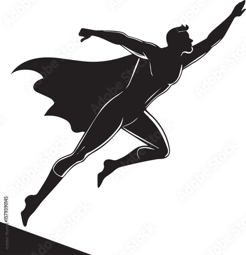 Dynamic Superhero Silhouette Leaping into Action with Flowing Cape