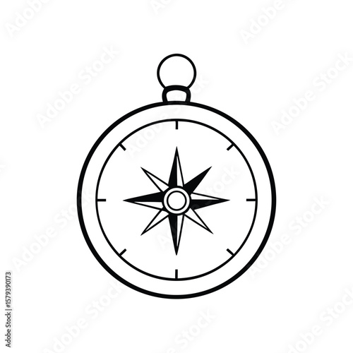 Black and white compass illustration with a star design and circular frame on a white background navigation