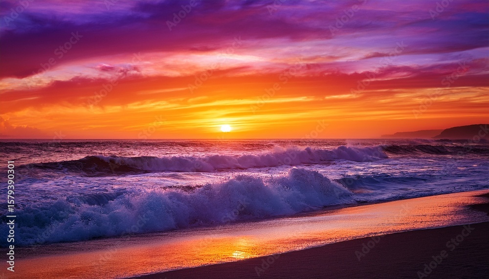Fototapeta premium vibrant ocean sunset with orange and purple sky and crashing waves on the shore
