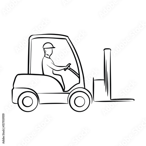 Black and white line drawing of a forklift truck with driver wearing a hard hat vehicle hardhat