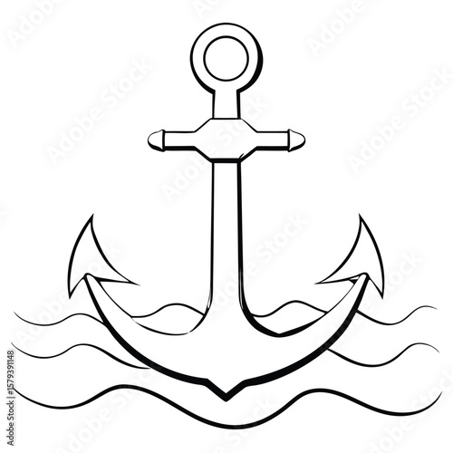 Black and white ship anchor illustration with stylized waves on white background ocean