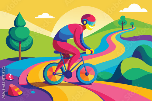 A joyful child cyclist rides a mountain bike through a scenic landscape, embodying the fun and sport of extreme biking
