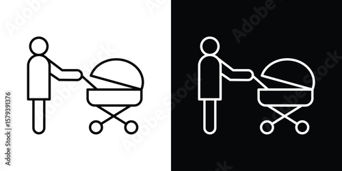 Woman with Baby Stroller icon in outline and solid vector sign for web