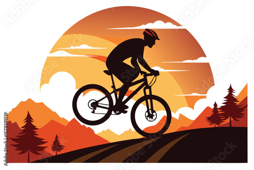 Black silhouette of a cyclist on a mountain bike, speeding down the road, an illustration of extreme cycling sport