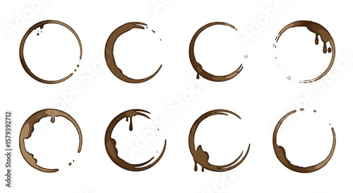 Collection of eight realistic coffee cup stains and ring markings for graphic design projects
