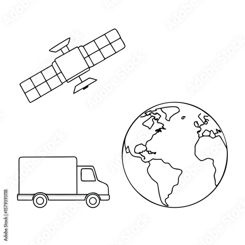 Black and white vector illustration of a satellite a delivery truck and a globe representing global logistics and transportation