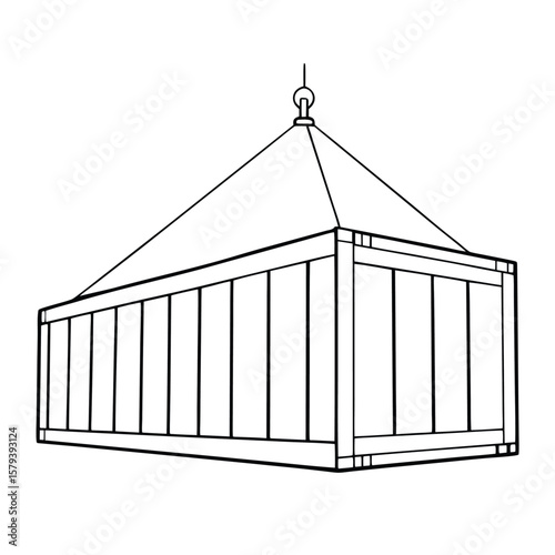 Black and white vector illustration of a shipping container suspended from a hook cargo logistics