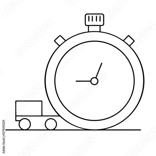 Black and white vector illustration of a stopwatch with a small cart carrying a box on a flat surface