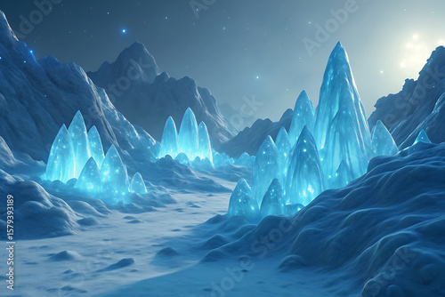 Mystical Frozen Peaks Under Celestial Glow