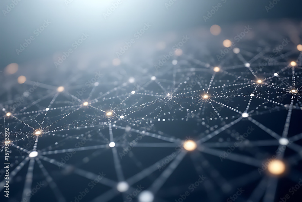 Fototapeta premium Abstract network of connected dots with glowing nodes and lines on dark blue background representing data flow and connections