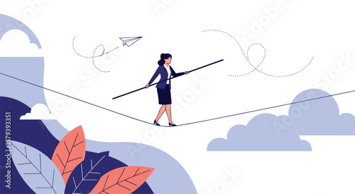 Woman balancing carefully on a tightrope with clouds and foliage around her demonstrating stability and focus in business operations