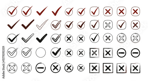 Collection of various checkmark and cross mark icons for design and user interface elements