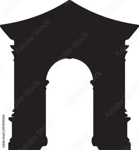Classic black silhouette of an arched entrance, gate, gateway or portal, evoking history, mystery, and architectural detail.
