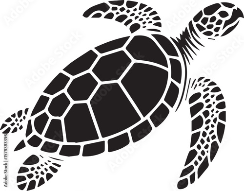 Striking sea turtle silhouette conveys oceanic grace and underwater life on a stark white backdrop.